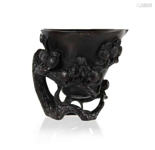 CHINESE CARVED ZITAN LIBATION CUP PINE TREE