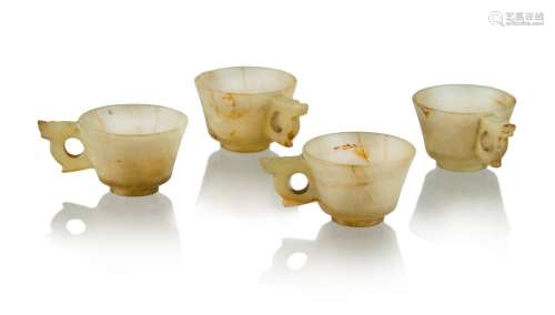 GROUP OF FOUR JADE CARVED WINE CUP(BEAST HANDLES)