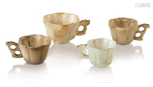 GROUP OF FOUR FOLIATE JADE WINE CUPS