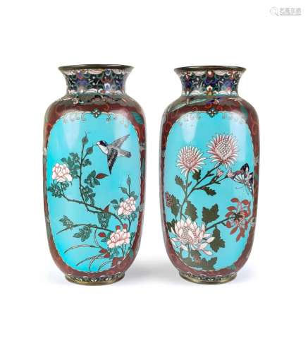 PAIR OF CHINESE CLOISONNE BUTTERFLY VASES