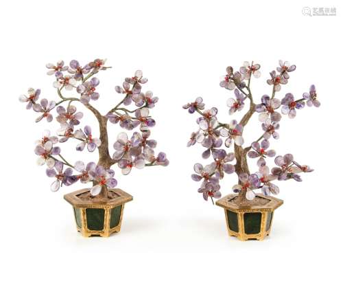 A PAIR OF CARVED AMETHYST BONSAI BLOSSOMS