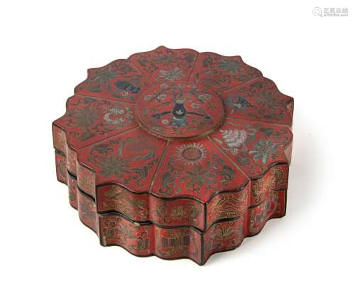 LACQUER BOX IN LOTUS SHAPE WITH BUDDIST SYMBOLS