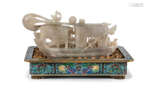 QIANLONG JADE CARVED BOAT ON CLOISONNE BASE