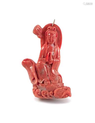 CARVED CORAL GUAN YIN PENDANT