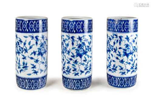 SET OF THREE LARGE BLUE AND WHITE CYLINDER VASES