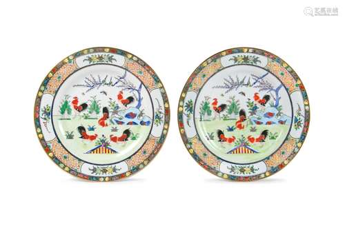 PAIR OF CHINESE FAMILLE ROSE  RED ROOSTER PLATES