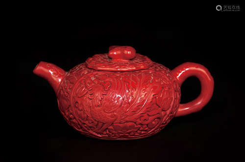 A ZISHA CINNABAR CARVED PHOENIX TEAPOT