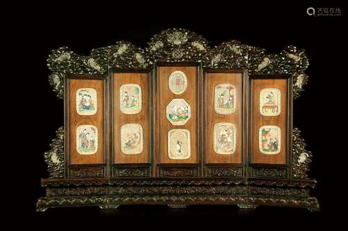 ZITAN-HUANGHUALI INLAY AND JADE CARVING TABLE SCREEN