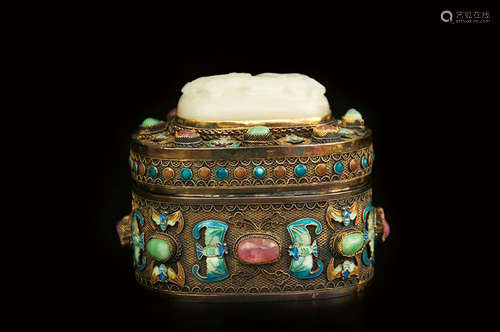 SILVER LAYERED CLOISNNE BOX TOURMALINE AND JADE INLAID