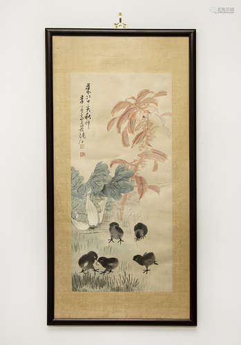 A CHINESE CABBAGE AND ROOSTER PAINTING BY 