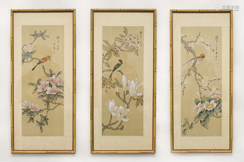 THREE CHINESE FLOWER AND BIRD PAINTINGS, WITH FRAMES