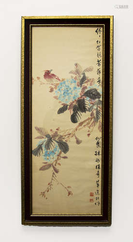 A LARGE CHINESE WARERCOLOR OF FLOWERS,SIGNED