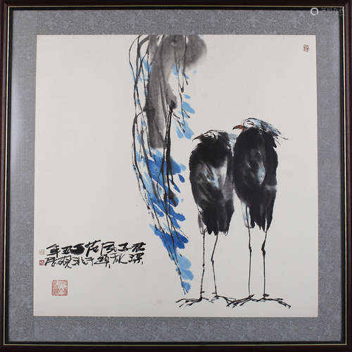 A CHINESE PAINTING OF TWIN HERONS WITH FRAME