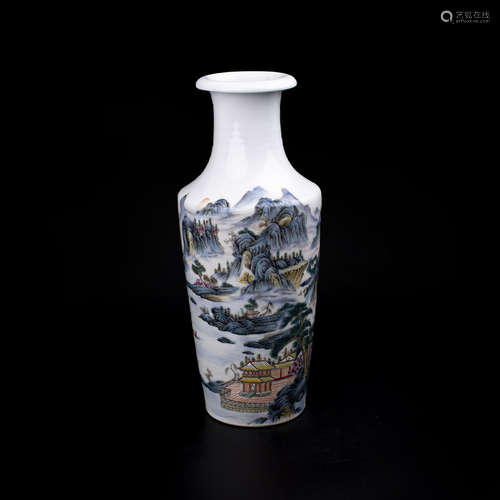 A LANDSCAPE PATTERN FAMILLE ROSE VASE. MARK OF 