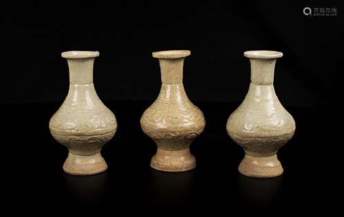 THREE CELADON PORCELAIN VASES