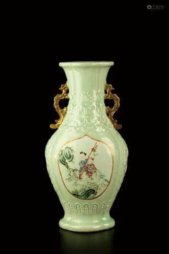 A FAMILLE ROSE CELADON DRAGON EARS VASE