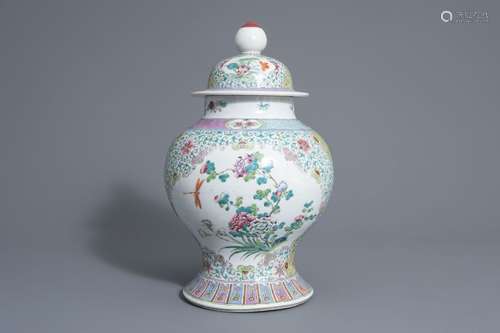 A Chinese famille rose vase and cover with floral ...