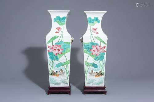 A pair of square Chinese famille rose vases with d...