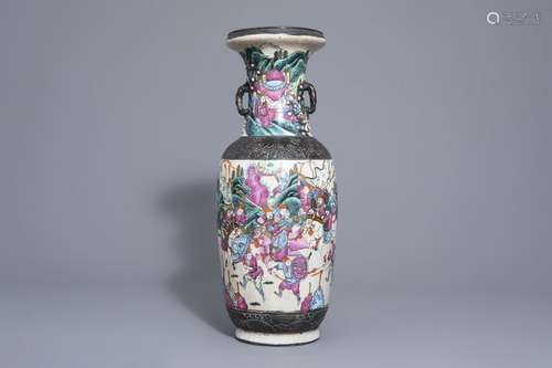 A Chinese Nanking crackle glazed famille rose 'war...