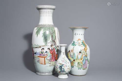 Three Chinese famille rose vases with different de...