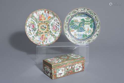 Two Chinese Canton famille rose plates and a box a...