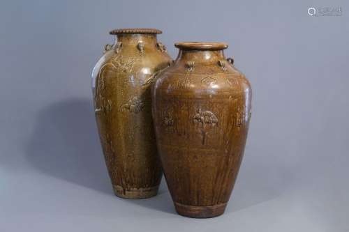 Two large monochrome brown glazed martaban jars, S...
