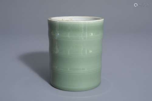 A Chinese celadon bamboo shaped brush pot, 19th/20...