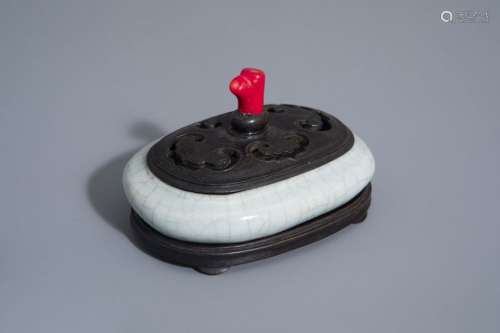 A Chinese Ge type incense burner with wooden cover...