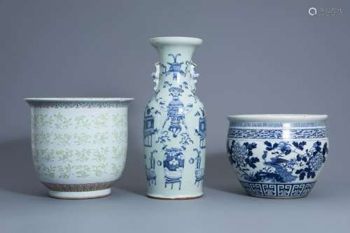 Two Chinese blue and white and famille rose jardin...