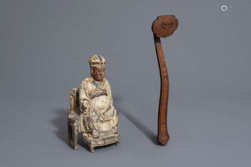 A Chinese carved wooden ruyi scepter and a painted...