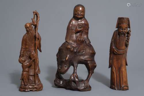 Three Chinese bamboo wood figures, 19th C.