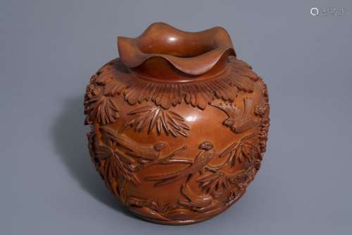 A Chinese carved bamboo vase with birds on blossom...