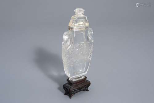 A Chinese silver mounted rock crystal vase and cov...