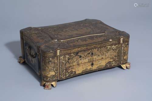 A Chinese lacquered sewing box with figurative des...