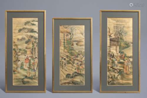 Chinese school, ink and colour on silk: Three scen...