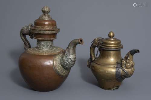 Two Tibetan copper jugs with silver finish, 19th C...