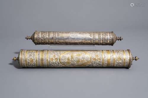 Two tubular parcel gilt silver prayer scroll conta...
