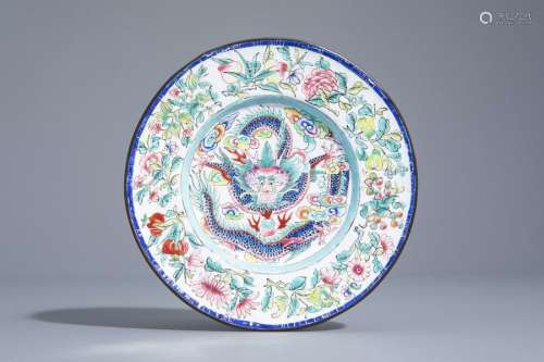 A Chinese Canton enamel 'dragon' plate, Qianlong m...