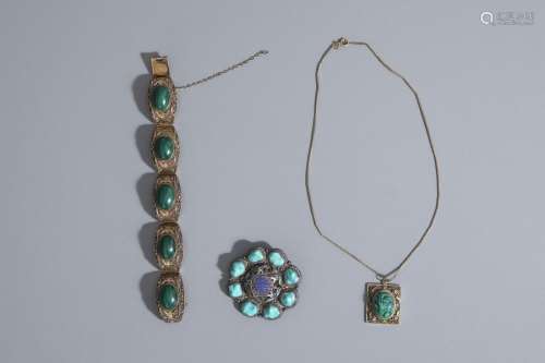 A Chinese turquoise and malachite inlaid enamelled...