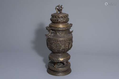 A large Japanese bronze incense burner or koro, Me...