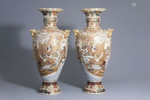 A pair of massive Japanese Satsuma 'warrior' vases...