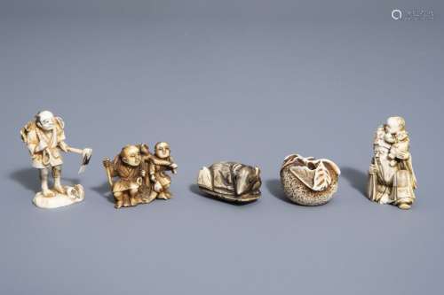 Five Japanese ivory netsuke with different designs...