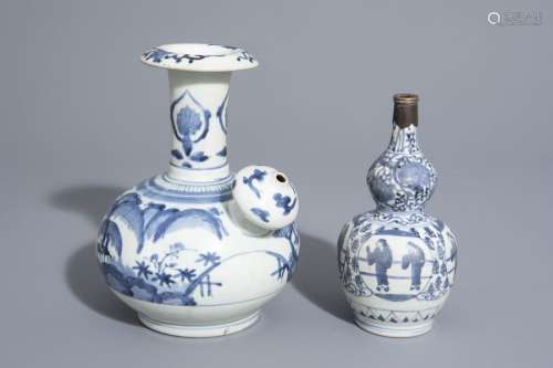 A Japanese blue and white kendi and a double gourd...