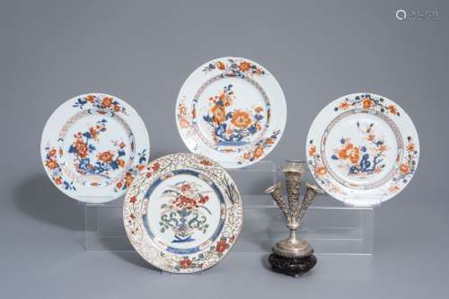 Four Chinese Imari style and famille rose plates a...