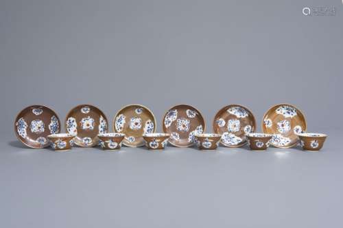 Six Chinese Imari style Batavian ware cups and sau...