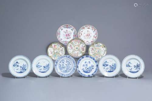 Eleven Chinese blue and white and famille rose pla...
