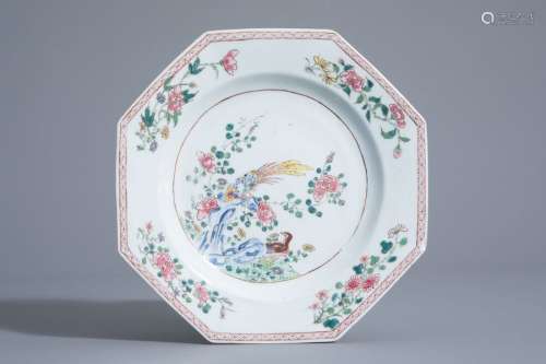 An octagonal Chinese famille rose plate with birds...