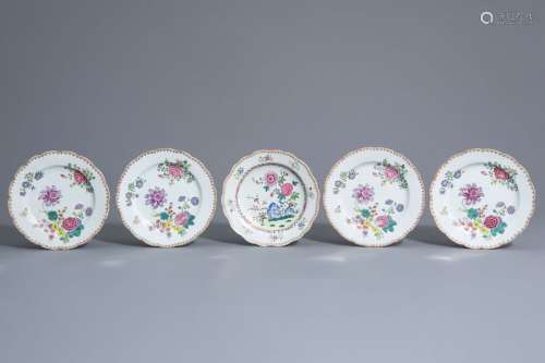 Five Chinese famille rose plates with floral desig...