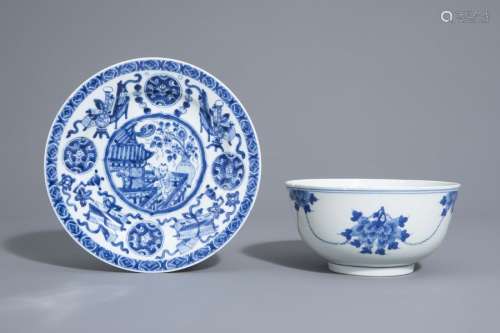 A Chinese blue and white dish and a bowl with diff...