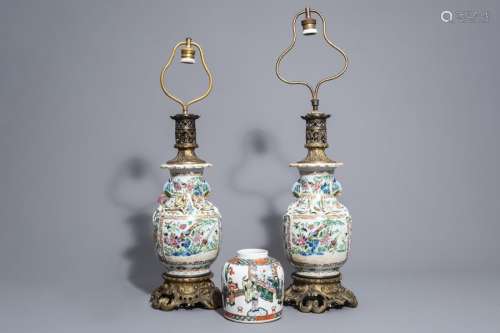 A pair of Chinese Canton famille rose vases mounte...